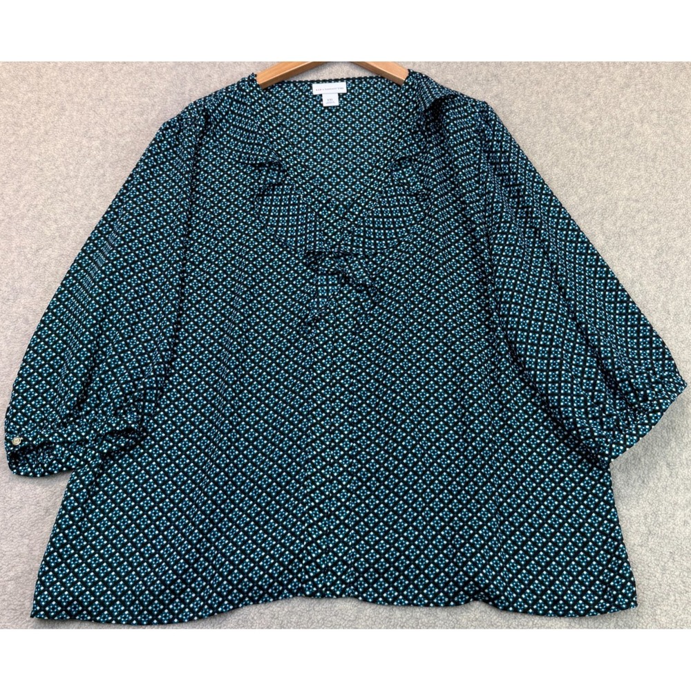 Liz Claiborne Womens 3/4-Sleeve Blouse Top Dark Teal Geometric Ruffled Neck 2XL